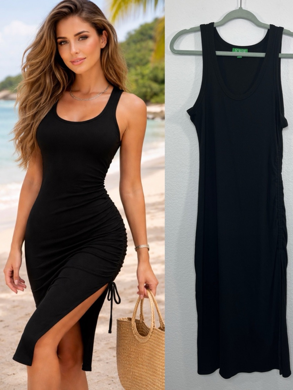J.Crew Ruched midi‎ dress in vintage rib in black size Large
